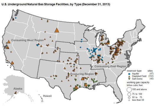 The United States has 413 aging underground natural gas storage facilities similar to the one in California where a failed well has been spewing methane since October. (Energy Information Administration)