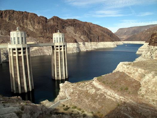 White rings along the shore of Lake Mead show how much water levels have dropped during the 15 years of drought in the Colorado River Basin. (Wikimedia Commons)