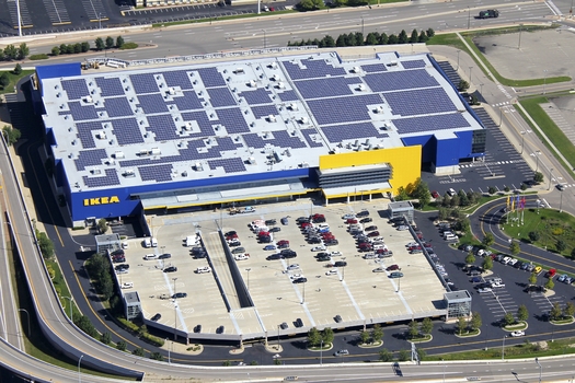 Many Ikea stores have solar installation on their rooftops, which help provide a large portion of the energy consumed by their large stores. (Ikea)