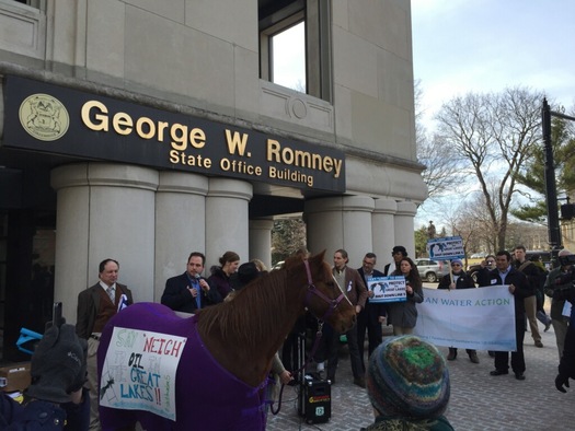 Activists held a rally Tuesday and demanded that state leaders shut down an oil pipeline in the Straits of Mackinac. (Clay Carpenter)