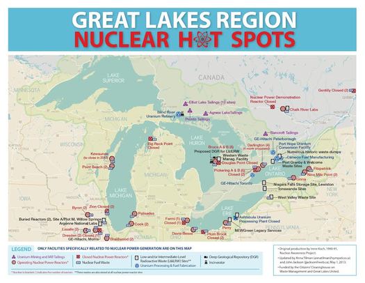 There are 38 active and 12 closed nuclear power plants in the Great Lakes Basin, and environmental groups are concerned about their impact on water quality. (CELA) 