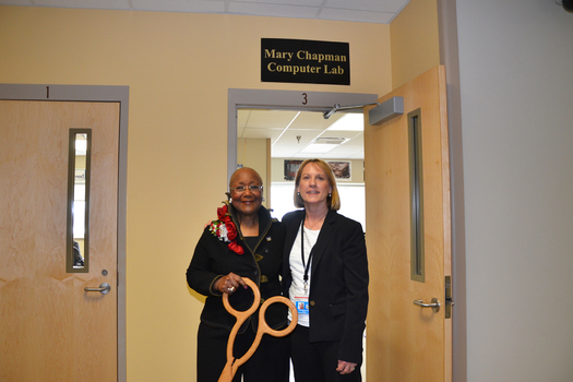 A computer lab at ICIW's Mitchellville facility is named after DMACC Emeritus Admininstrator Mary Chapman (left). (DMACC)