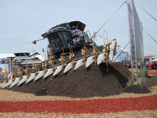 A GPS-guided combine is one of the systems potentially vulnerable to cyber attacks. (Scoty/Wikimedia Commons)