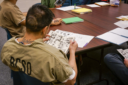 Pop Culture Classroom kicks off a new literacy program at the Sterling Correctional Facility on Saturday. (Stephanie Wolf/Colorado Public Radio)