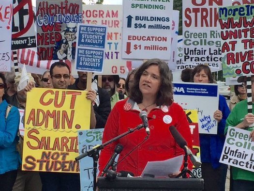 Green River United Faculty President Jaeney Hoene held a news conference on the first day of the three-day strike to protest program cuts at Green River College. (Green River United Faculty Coalition)