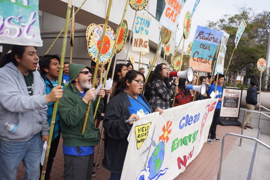 Clean-energy advocates protest against a power plant proposed for Oxnard at a meeting of the California Public Utilities Commission in December. (Rene Garcia/CAUSE)