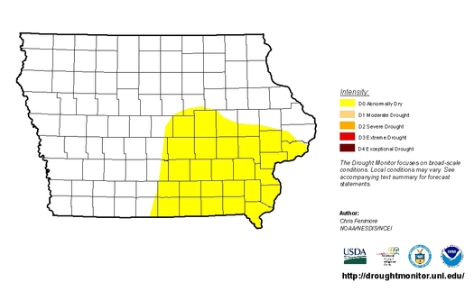 More than a quarter of the state of Iowa is experiencing abnormal dryness, more than double the area earlier this month. (droughtmonitor.unl.edu)