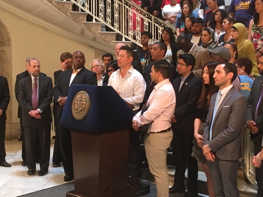 Elected officials, immigrants and advocates gathered at New York City Hall to denounce the Supreme Court's 4-to-4 ruling. (NYIC)
