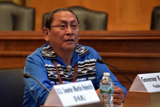 Gov. Kurt Riley with the Pueblo of Acoma speaks at a news conference announcing the introduction of the STOP Act in Congress. (Heinrich Staff Photo)