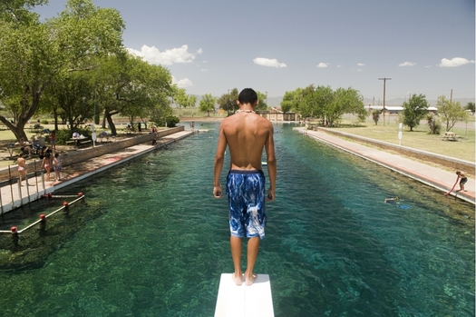 A swimmer prepares to dive into the cold, clear water of the pool at Balmorhea State Park. (Texas Parks and Wildlife photo)
