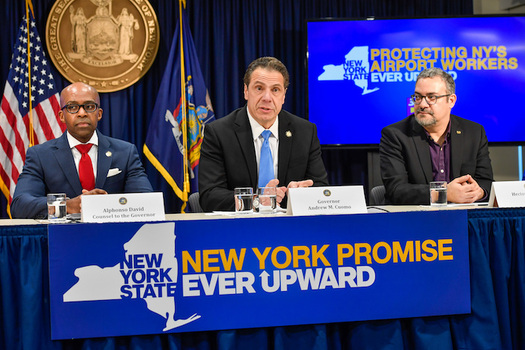 Alphonso David, Governor Cuomo, and Hector Figueroa speaking at a Sunday news conference.  (Governor Andrew Cuomo)