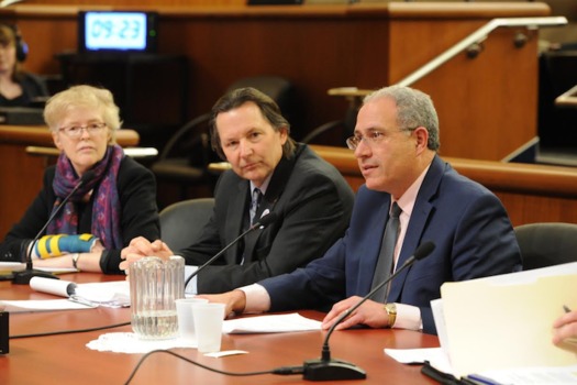 NYSUT Executive Vice President Andrew Pallotta, right, testifying in legislative budget hearings this week. (NYSUT)