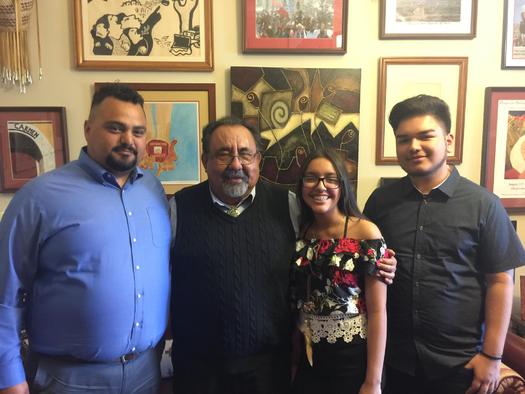 The Rayos children meet with Rep. Grijalva before President Trump's first address to a joint session of Congress. Left to right: Ernesto Lopes of Puente Movement, Rep. Grijalva, Jaqueline Rayos-Garcia, Angel Rayos-Garcia. Courtesy: office of Rep. Grijalva.