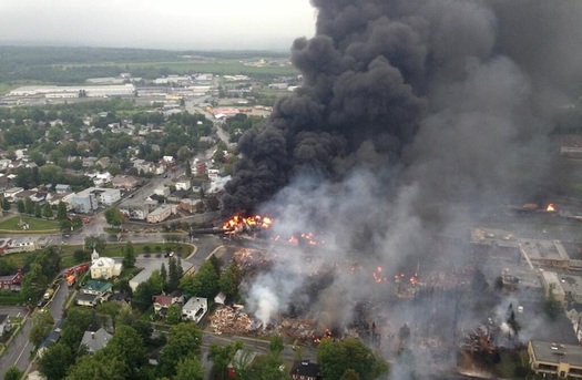 Forty-seven people died from the 2013 derailment of an oil train in Lac-Mgantic, Quebec. (Sret du Qubec/Wikimedia Commons)