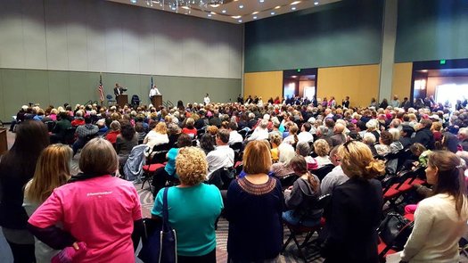 A large crowd listens as Sen. Dean Heller and Rep. Mark Amodei, both R-Nev., respond to questions in a lively town-hall meeting Monday in Reno. (Chip Evans)