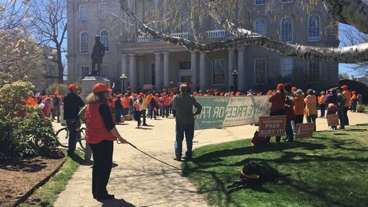 Protesters joined hands in Concord Sunday to protest the Northern Pass power line project (B. Tilton). 