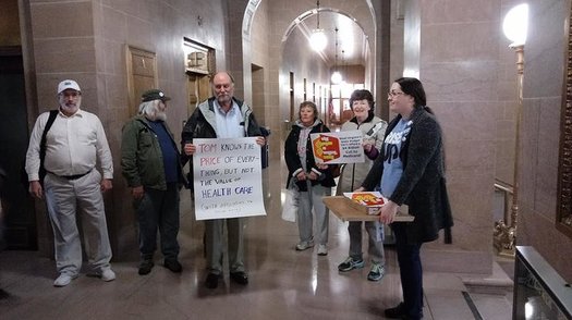 A group of protesters at the West Virginia State Capitol, awaiting the arrival of U.S. Secretary of Health and Human Services Tom Price. (Public News Service-Dan Heyman) (Note: photo was originally misidentified. Heyman took the photo, he was not in it.)