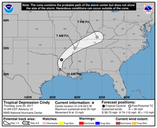 Tropical Storm Cindy is expected to have its greatest impact on Tennessee early Friday morning. (National Weather Service)