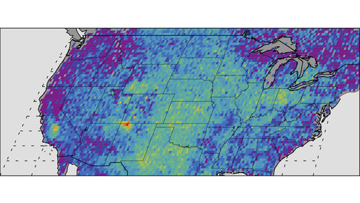 A satellite photo shows the yellow and red 