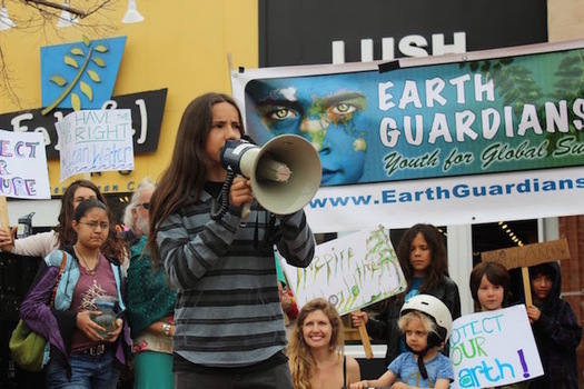 Xiuhtezcatl Martinez, youth director for Earth Guardians, leads a rally in Boulder, Colo. (Earth Guardians) 