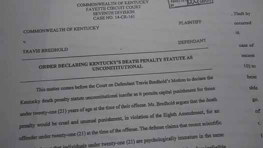 A judge in a Kentucky murder case has made a pretrial ruling that the prosecutor can not seek the death penalty because the defendant was younger than 21 at the time of the crime. (Greg Stotelmyer)