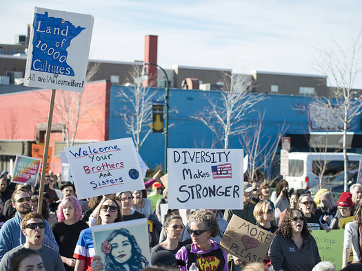 President Trump's proposed immigration ban brought Minneapolis residents out to support diversity in February. (Fibonacci Blue/Flickr)