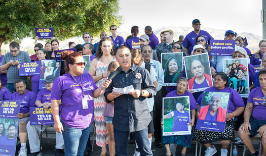 Workers in Moreno Valley rallied Wednesday in favor of a bill that would mandate minimum staffing levels at dialysis clinics. (SEIU)