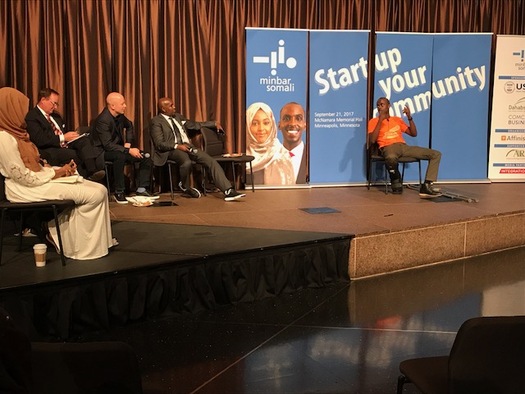 Hussein Guled pitches judges on his business idea at McNamara Alumni Center in Minneapolis. (Laurie Ster)