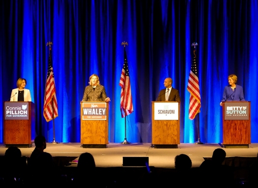 Former state Rep. Connie Pillich, Dayton Mayor Nan Whaley, state Sen. Joe Schiavoni and former U.S. Rep. Betty Sutton participate Sunday in a Democratic gubernatorial debate. (Andrew Keiper)