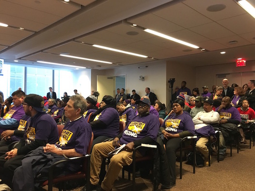 Subcontracted airport workers attended Thursday's meeting of the Port Authority Board of Commissioners. (Carmen Cusido/32BJ SEIU)