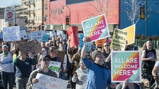 About 3,000 people demonstrated against President Donald Trump's proposed Muslim Ban in Minneapolis' Powderhorn Park last February. (Fibonacci Blue)