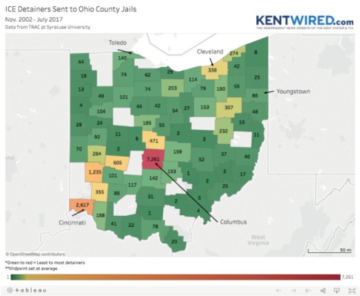 A map shows the number of ICE detainer requests sent to county jails in Ohio from November 2002 to July 2017. (Ben Orner)