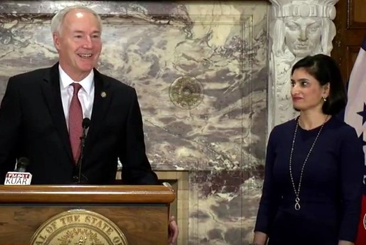 Gov. Asa Hutchinson and Medicaid Administrator Seema Verma announce a waiver Monday allowing a work requirement for enrollees in the Arkansas Works health-care program. (YouTube)