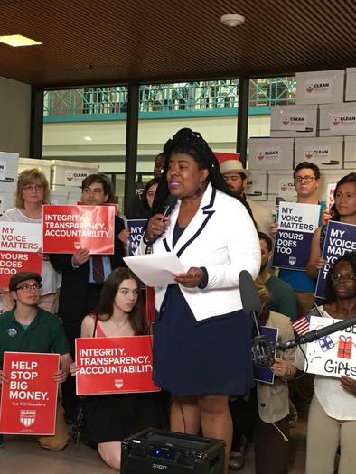 The Rev. Cassandra Gould with the Clean Missouri initiative addresses the media Thursday, presenting the Secretary of State's office with more than 344,000 signature petitions. (Clean Missouri Initiative)