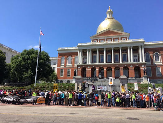 The Boston Poor People's Campaign held a rally at the Massachusetts State House in Boston on Monday, calling for a $15 minimum wage, paid family and medical leave, and a 