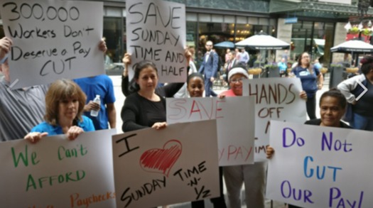 Despite rallies and demonstrations, Massachusetts workers are slated to lose time-and-a-half pay once their contracts expire under a new state law. (UFCW)
