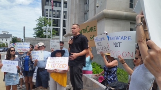 Protesters were part of U.S. Attorney General Jeff Sessions' visit to Concord. They say dismantling the Affordable Care Act will make it harder to fight opioid abuse. (Granite State Progress) 