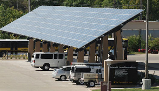 The solar e-car charging station at the University of Iowa was built in 2011 and provides charging spaces for up to 20 electric vehicles. (facilities.uiowa.eu)