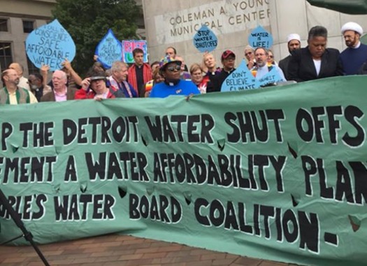 Protesters in Detroit have been pressing the Michigan Legislature to pass a water affordability plan that links rates to household income. (Valerie Jean)