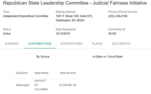 The D.C. based Republican State Leadership Committee, Judicial Fairness Initiative, is spending in WV state and local judicial races, but all of its money comes from one huge donation made in Washington. (WV Secretary of State)