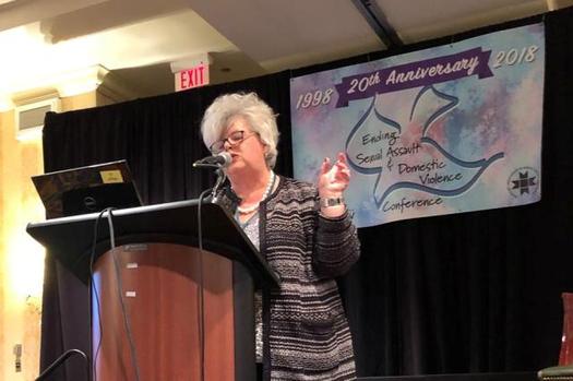 Eileen Rektenwald, who heads the Kentucky Association of Sexual Assault Programs, speaks at The Ending Sexual Assault and Domestic Violence Conference in Lexington. (KCADV)