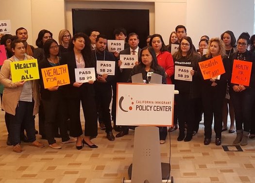 Supporters of Medi-Cal for undocumented immigrant adults gathered at a rally at the California Endowment in Los Angeles on Wednesday. (California Immigrant Policy Center)