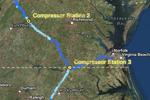 The 600-mile-long pipeline would would carry fracked gas from West Virginia into Virginia and North Carolina, with three compressor stations along the route. (Atlantic Coast Pipeline)