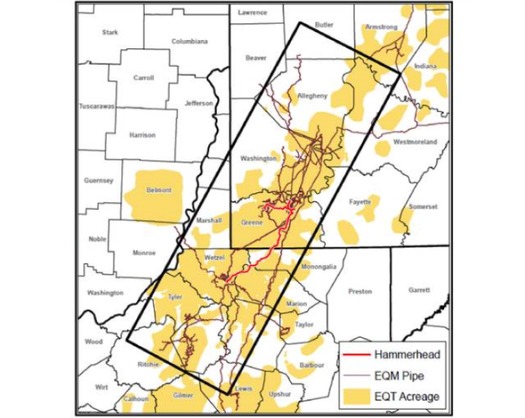 EQT's proposed Hammerhead Pipeline would originate in the southwest corner of Pennsylvania before crossing Marion, Monongalia and Wetzel counties in West Virginia. (EQT)