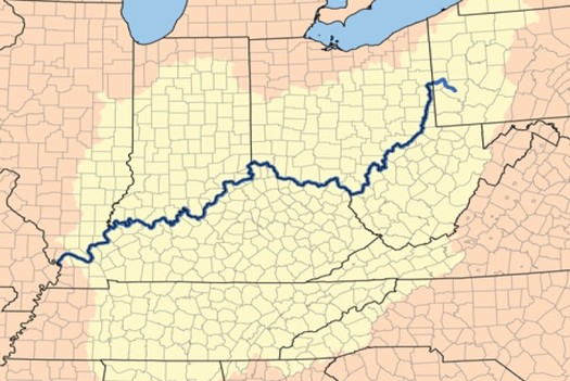The Ohio River watershed contains most of five states and parts of eight others. (USGS/Karl Musser/Wikipedia)