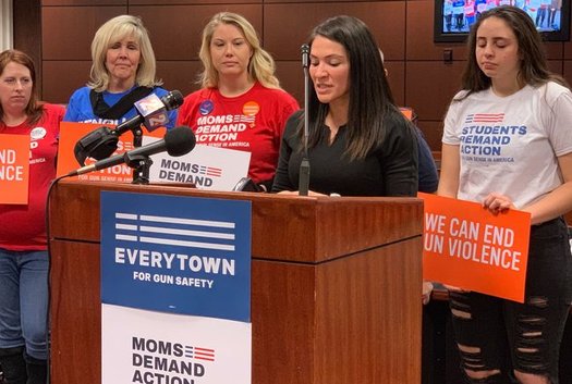 Sandra Jaregui, a survivor of the Las Vegas shooting, speaks at a press conference Tuesday for supporters of stricter gun-sale background checks. (Annette Magnus)