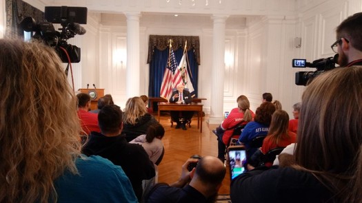 West Virginia Gov. Jim Justice told striking teachers Tuesday that he wants a pay-raise bill that does not include any more than a pilot program for charter schools. (Dan Heyman)