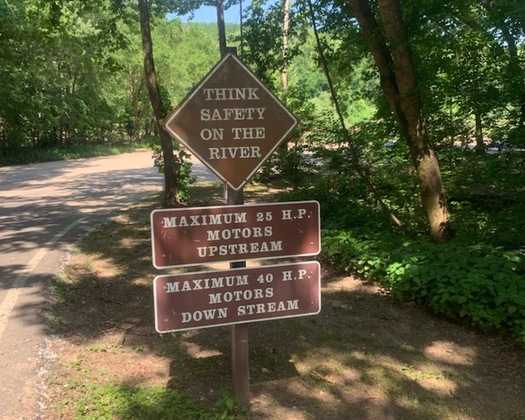 The sign, above, in the Ozark National Scenic Riverways should, but doesn't yet, mark the place where a motorized boat prohibition begins. (Marisa Frazier/Sierra Club Missouri Chapter)