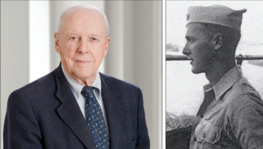 Robert M. Pennoyer, now and at age 19, on the U.S.S. Pensacola at Iwo Jima in 1944 (Courtesy: Robert M. Pennoyer)