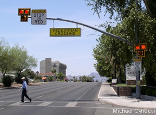 A Traffic HAWK (High-intensity Activated crossWalK beacon) installed on a Phoenix street makes crossing the road safer for pedestrians. (City of Phoenix)